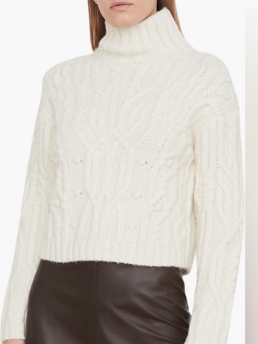 VINCE Cream Interlaced Alpaca Blend Cable-Knit Turtleneck Sweater Size XS